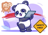 A cute panda holding a tablet, with a shield icon and the words