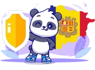 Cute panda holding a shield in front of the Andorran flag
