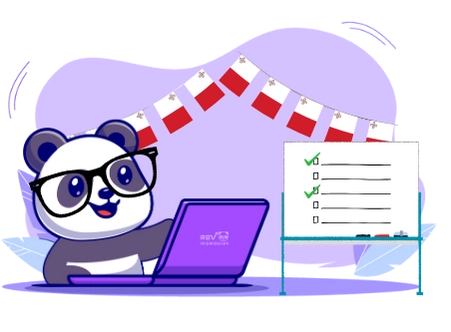 Happy panda cartoon character enjoying a productive day, with a laptop, checklist, and Maltese flags.