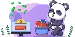 Panda pushing a wheelbarrow full of casino chips towards a computer screen that says "Deposit." Money is falling from the sky.