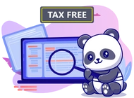 A cute panda is sitting on a laptop, holding a magnifying glass. The text