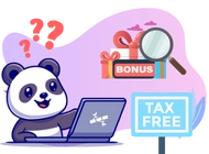 A cute panda is sitting on a laptop, looking puzzled. There are question marks above its head. In the background, there's a magnifying glass pointing to a stack of gift boxes with the word