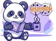 Cute panda reading a book and holding a cup of coffee, with dice and the word