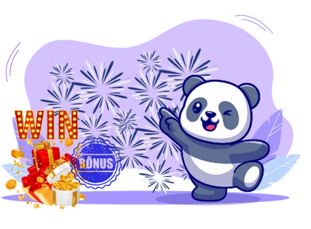 Happy panda cartoon character celebrating a victory, with fireworks and a