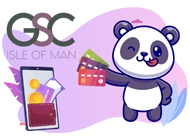 A cute panda is holding a stack of credit cards and winking. In the background, there's a smartphone with a wallet and money inside. The text