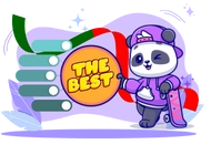 Panda in a purple hoodie and cap, standing beside a large orange circle that reads