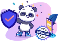 A cute panda wearing sneakers is holding a shield with a checkmark. A smartphone with a casino game is in the background, and there's a