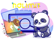 A cute panda is sitting on a laptop, holding a magnifying glass. There are playing cards, dice, and a casino chip in the background. The text