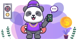 Cool panda holding a smartphone and a skateboard, with a gold coin and chat bubble in the background