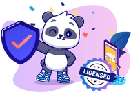 A cute panda holding a shield with a checkmark, winking, and standing next to a smartphone with a casino app and a
