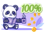A cute panda sitting and reading a book while holding a cup of coffee. The text