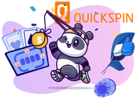 A cute panda running with a gold coin on the hook. In the background, there's a slot machine, playing cards, and the