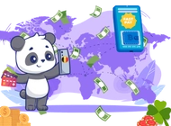 Panda with credit cards and a smartphone with a