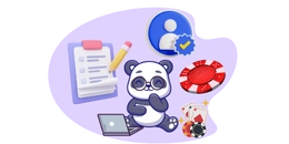 Panda with user icon, chips, cards, a information sheet and a laptop