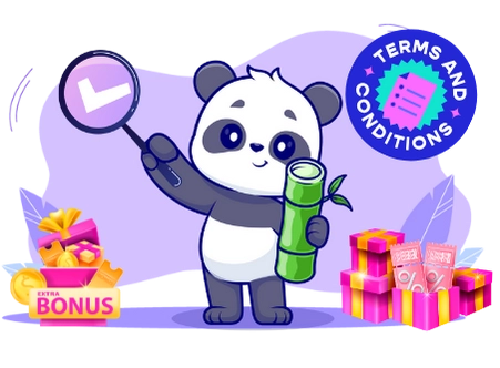 Cute panda cartoon character holding a magnifying glass with a checkmark, surrounded by gift boxes, bamboo, and a