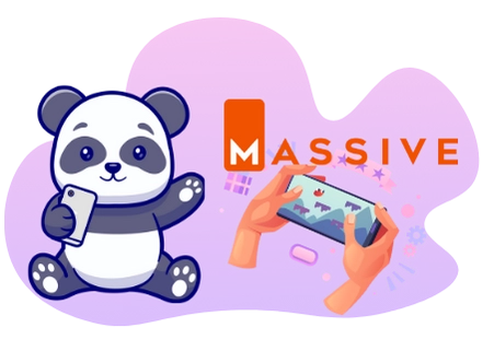 Playful panda cartoon enjoying mobile games, with a smartphone and the word