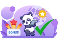 Panda holding a tablet looking to three stars with