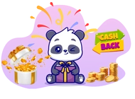 panda mascot with a gift, coins, and a