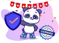 A cute panda holding a shield with a checkmark, winking, and standing next to a smartphone with a casino app and a