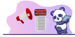 panda mascot using a tablet, with a megaphone and "Register" button, encouraging sign-up.