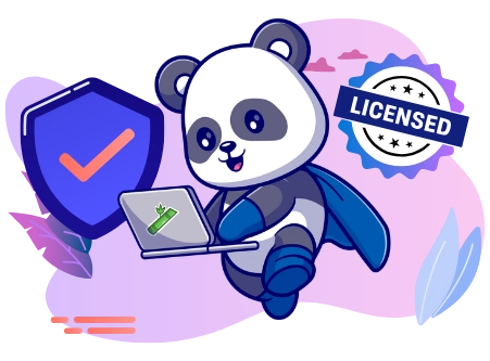 Happy panda enjoying the benefits of a licensed and secure online experience, with a shield, a