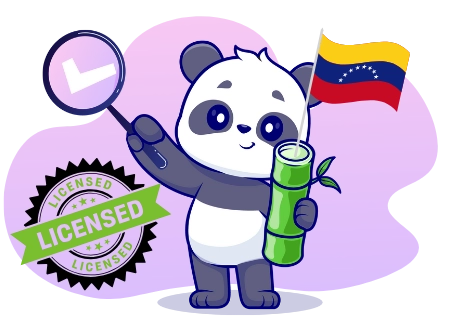A panda cartoon character holds a magnifying glass with a checkmark and a Venezuelan flag, with a