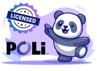A happy panda waving and pointing, with the word