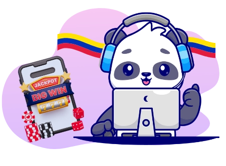 A panda cartoon character wearing headphones uses a computer, with a smartphone displaying a