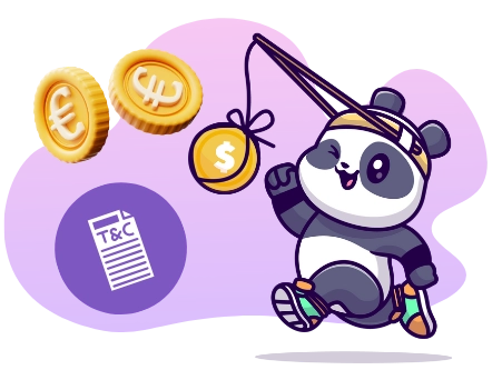 A cute panda wearing a headband, running and holding a fishing rod with a coin attached, with euro coins and a