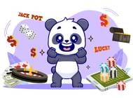 A happy panda is standing in the center of the image, with various casino symbols around it. There are dice, playing cards, poker chips, a roulette wheel, a treasure chest, and a smartphone with a casino game. The words