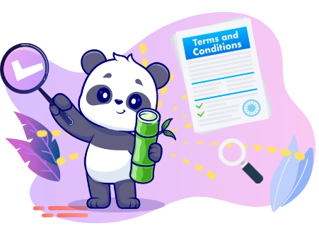 A cute panda holding a magnifying glass and a bamboo stick, standing next to a document labeled