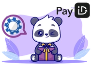 A cute panda is sitting on the ground, holding a gift box with a ribbon. The panda is winking and there is a casino chip icon in a speech bubble above its head. The text