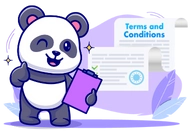 Panda winking and holding a purple clipboard, standing in front of a large document labeled