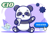 A cute panda is sitting on the ground, holding a smartphone and waving. There is a