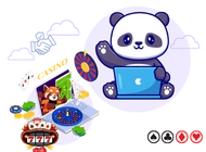 Waving panda behind a computer, and a fox with colourful slots, cards, and roulette.