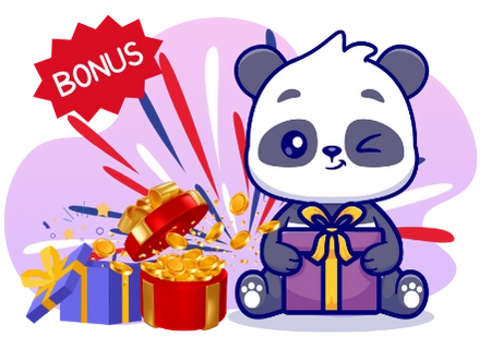 Playful panda promoting casino bonuses, with a gift box, coins, a