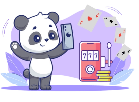 Cute panda cartoon character using a smartphone, with playing cards and a slot machine with