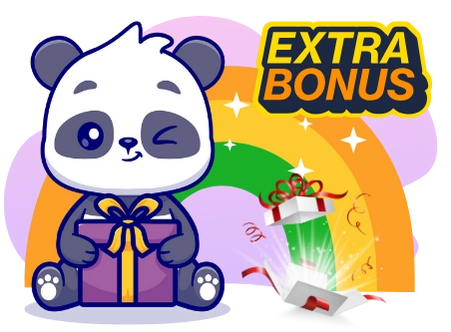 A cute panda cartoon character sits with a gift box, winking with excitement as another gift box opens to reveal a surprise and the words