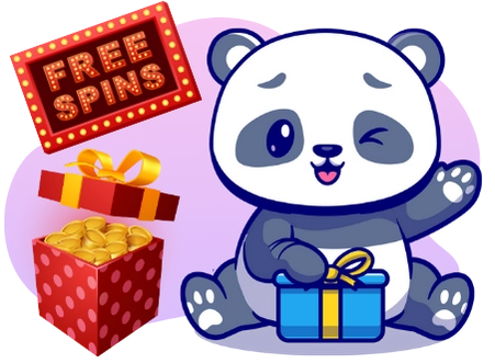 A cartoon panda winks and waves while sitting on a gift box, with a