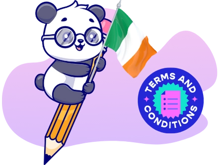 A panda cartoon character wearing glasses sits on a giant pencil holding the Irish flag, with a
