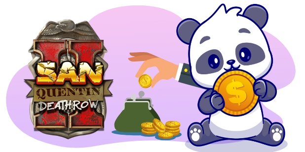 A cartoon panda holds a large coin, with a smaller coin being dropped into a purse, next to a badge-like logo reading San Quentin Death Row.