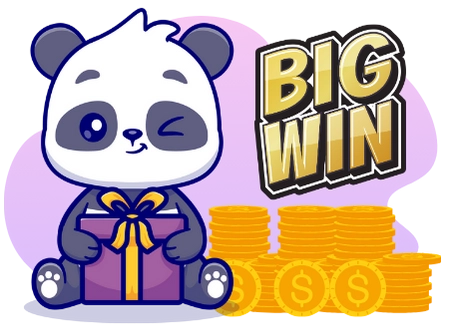 A smiling panda cartoon character sits on a pile of coins, holding a gift box with a ribbon. The text