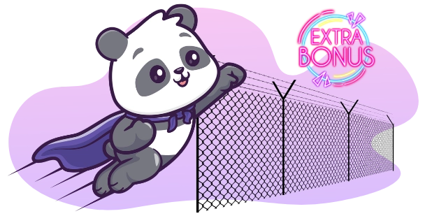 A cartoon panda wearing a cape flies toward a barbed wire fence with a neon sign reading Extra Bonus.