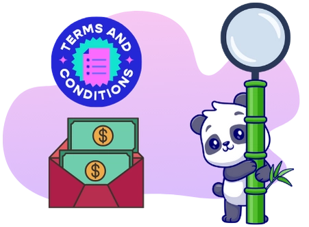 A cartoon panda peeks out from behind a bamboo stick with a magnifying glass, while an envelope containing money and a