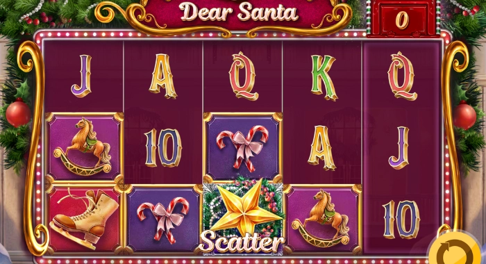 A Dear Santa slot game screen displays a 5-reel layout with Christmas-themed symbols, including a