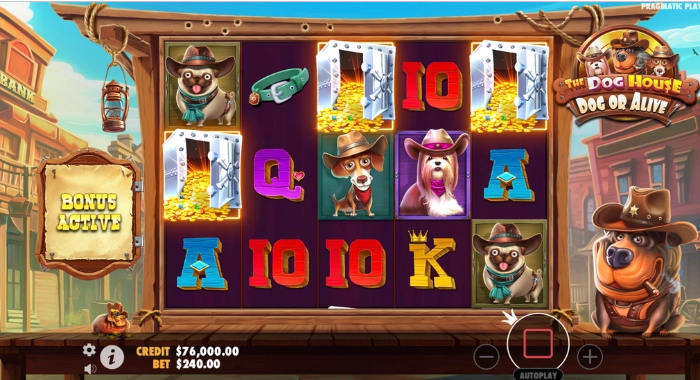 A screenshot of the Dog House Megaways slot game by Pragmatic Play, showing a Western-themed grid with dog characters and card symbols, with a