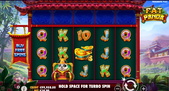 A Fat Panda slot game screen by Pragmatic Play displays a 5x3 grid with various symbols, including a panda character, with a