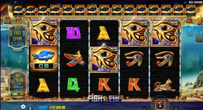 A slot game screen from Fish Eye by Reel Kingdom displays a 5x3 reel grid with various symbols, including Eye of Horus symbols marked as
