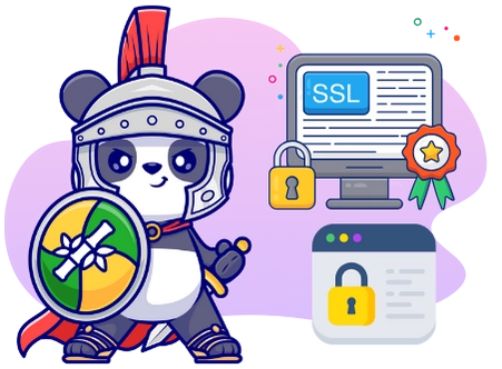 A cartoon panda dressed as a knight stands proudly next to a computer screen displaying