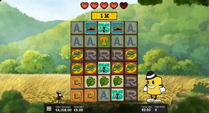A cartoonish slot game screen with a 5x5 reel grid showing symbols like A, R, skulls, and leaves, featuring a yellow character, a 1x bet, a €4,208 demo balance, and 4 free spins, set against a blurred landscape background.
